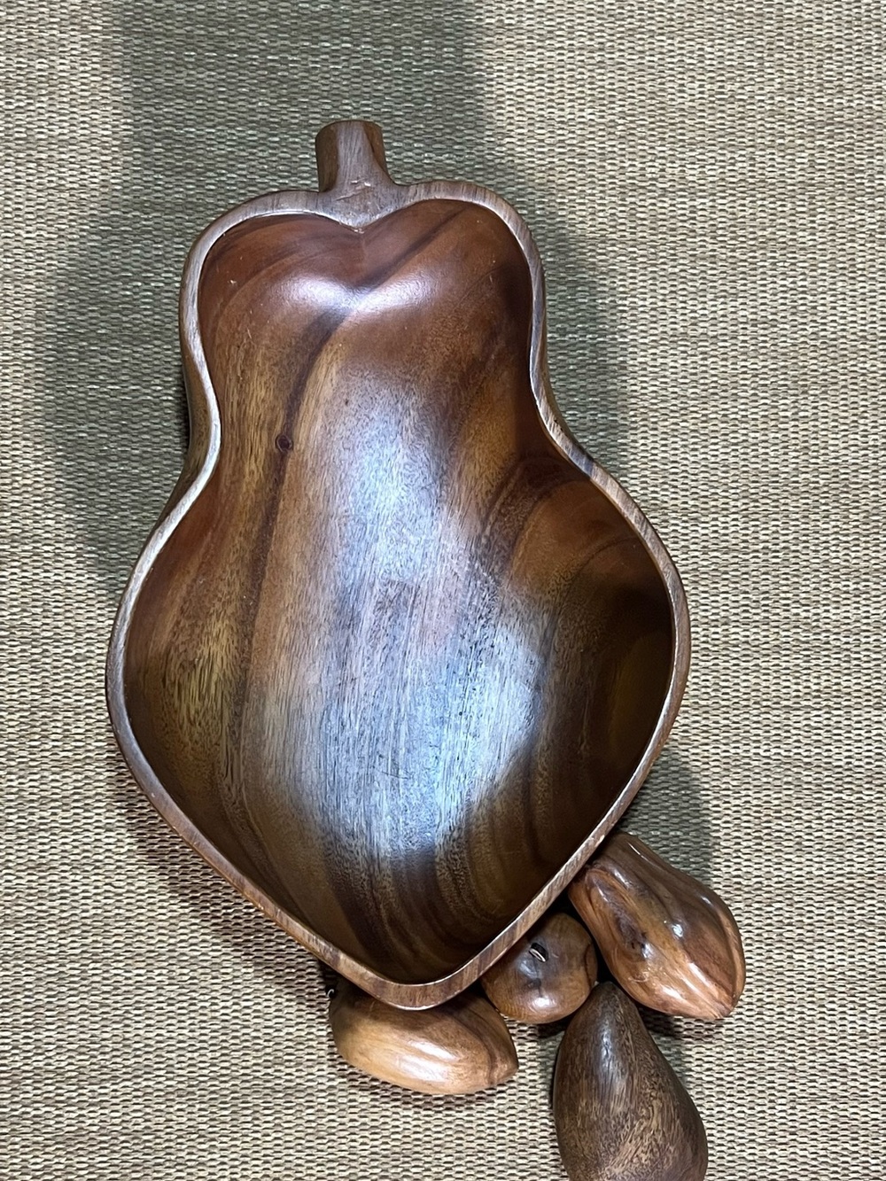 Vintage Handcrafted Wooden Pear Fruit Bowl & 4 Ornaments Set